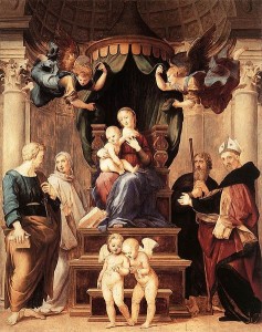 Raffaello Sanzio: “Madonna del Baldacchino”, 279 x 217 cm., olio su tela, databile al 1506-1508, Galleria Palatina di Firenze.